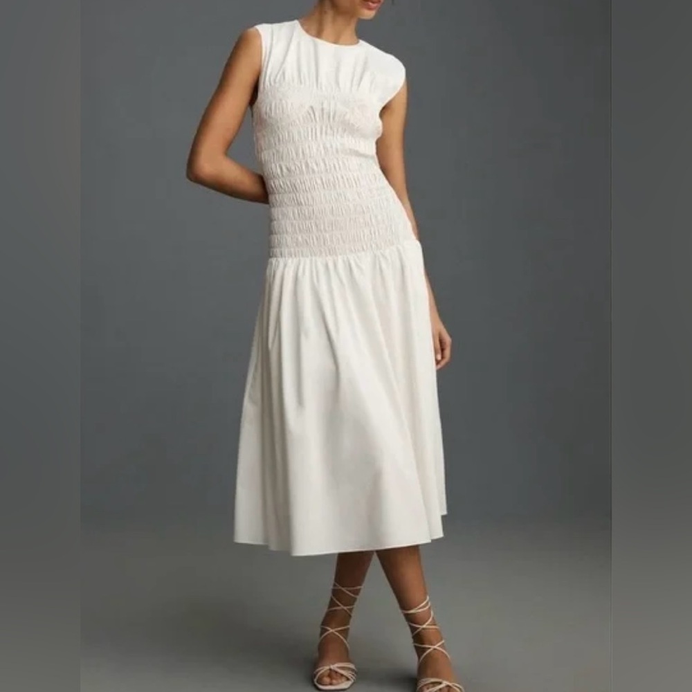 NWT Mare Mare x Anthropologie White Smocked   Midi Dress, Size M
